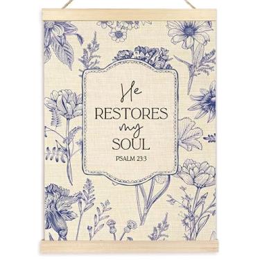 Imagem de Ecezatik Cabide de pôster de arte de parede em tela floral azul vintage He, versículos da Bíblia, salmo 23:3, escritura, decoração de parede, para decoração de casa, escritório, igreja, sala de oração