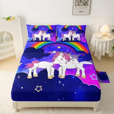 Imagem de QOOMO Jogo de lençol casal de unicórnio arco-íris com bolso profundo de unicórnio roxo de 40,6 cm, macio e respirável para meninos/meninas/crianças/adolescentes