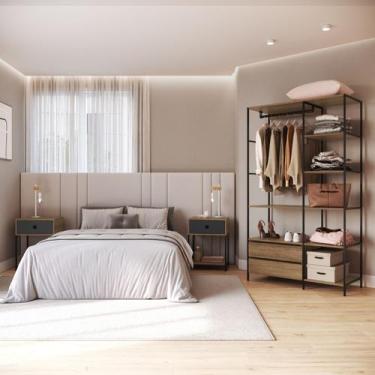 Imagem de Guarda Roupas Aberto Com 2 Mesas Cabeceira Estilo Industrial - LaCasaM