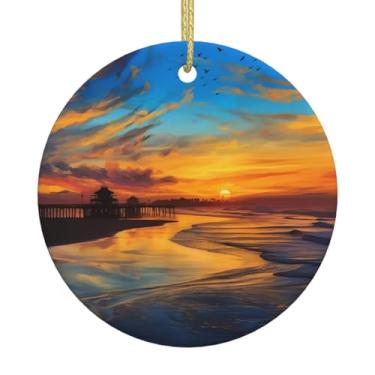 Imagem de Enfeites de Natal para pendurar em cerâmica para árvore de Natal azul anoitecer ouro pôr do sol ornamento de cerâmica pentângulo com fita dourada em forma de estrela decorações de pendurar para árvore