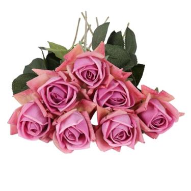 Imagem de IPOPU 6 peças rosas artificiais com hastes flores fúcsia 44 cm, rosas de toque real para decoração de chá de panela, presentes de aniversário para mãe, namorada, decoração de casa
