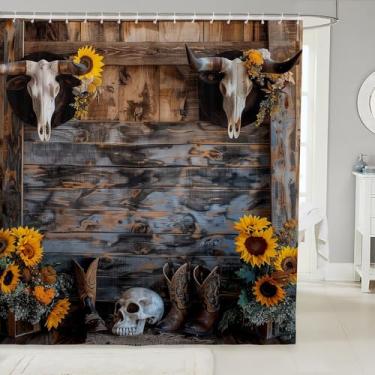 Imagem de Cortinas de chuveiro ocidentais botas de cowboy cortinas de banheiro de caveira de touro, girassol amarelo, vintage, porta de celeiro de madeira, cortinas de banho à prova d'água com 12 ganchos ternos