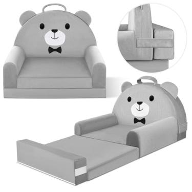 Imagem de Sofá-cama infantil com capa removível lavável e encosto de fita mágica – Cadeira infantil dobrável, móveis aconchegantes de veludo de cristal para brincar, cochilos e viagens (cinza, design de urso)