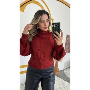 Imagem de Blusa Feminina Manga Bufante Grosso com Tranças e Bolinhas Moda Invern