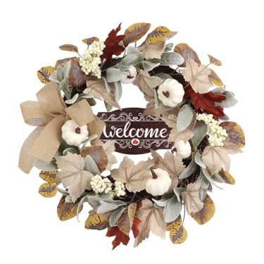 Imagem de Culudea Guirlanda de outono de 50,8 cm, guirlanda de outono para porta da frente artificial com laço de placa de eucalipto, folhas de bordo, abóboras, aconchegante, decoração de outono para casa