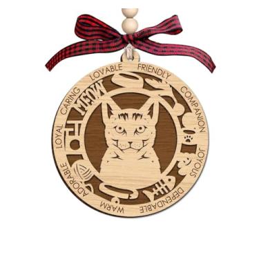 Imagem de Ornamento de madeira de Bengala - Decoração redonda cortada a laser com detalhes em miau e espinha de peixe - Design de retrato de animal de estimação - Palavras de companhia adoráveis e amigáveis