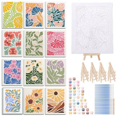 Imagem de RoundFunny Kit de 12 conjuntos de pintura por números para adultos, pintura de flores simples, 20 x 25 cm com moldura de madeira, cavalete de tinta acrílica, pincéis de aquarela a óleo por número