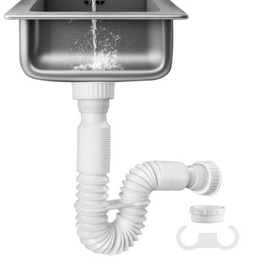 Imagem de iFealClear Tubo P-Trap de 3,5 cm, tubo de drenagem de pia flexível com 4 anéis de vedação de borracha, tubo de drenagem expansível 28-87,6 cm P Trap Tubing para cozinha, banheiro, triturador de lixo