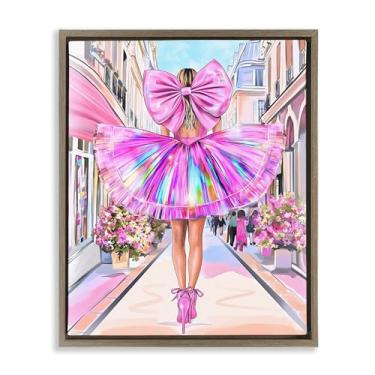 Imagem de Stupell Industries Design de arte de parede em tela flutuante com laço rosa prismático e vestido marrom por Jess Stempel, 78 x 63 cm