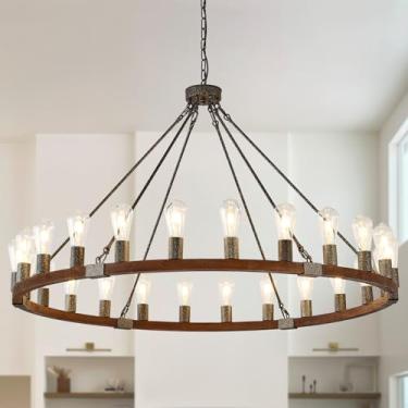 Imagem de HHR Lustre de madeira com roda de vagão de 121 cm, lustre de teto alto para casa de fazenda 24 luminárias redondas para sala de estar, sala de jantar, entrada