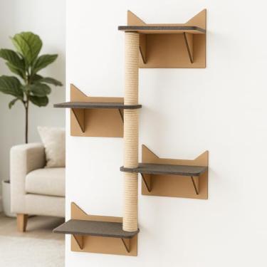 Imagem de BOXFAN Conjunto Escalador Gato de Parede com Prateleiras Antiderrapante Poleiros Escada para Gatos Filhotes e Adultos Brinquedo Interativo Arranhador Sisal Playground Gatos Escalada (4 prateleiras)