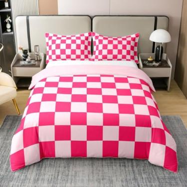 Imagem de Jogo de cama xadrez para adolescentes, boêmio, moderno, bonito, estético, decorativo, feminino, 100% algodão, tamanho solteiro, para crianças, meninos, meninas, geométrico, chique, rosa, branco