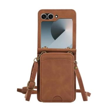Imagem de Capa carteira para cartão para Samsung Galaxy Z Flip 6 5 4 3 ZFlip Flip6 Flip5 Flip4 Flip3 com capa de bolsa com cordão crossbody, marrom, para Samsung Z Flip 5