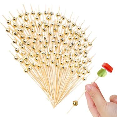 Imagem de Rowcay Pacote com 200 palhetas de coquetel - espetos de bambu de 12 cm para aperitivos, frutas, sobremesas, charcutaria, bebidas, perfeitos para elevar sua festa! (ouro)