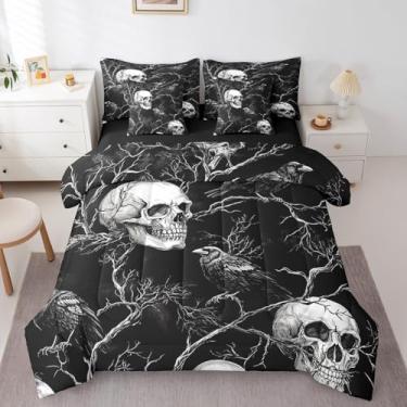 Imagem de Manfei Conjunto de edredom de caveira gótica, 7 peças, pássaros exóticos, corvo preto, galho da selva vintage em uma bolsa macia, Queen (1 edredom, 2 fronhas, 2 fronhas, 1 lençol de cima, 1 lençol com