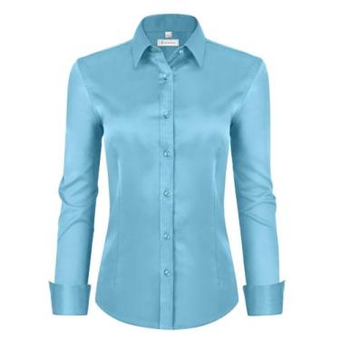 Imagem de Camisa social feminina de siliteelon azul lago G-Small