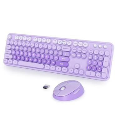 Imagem de Fogruaden Teclado e mouse de máquina de escrever retrô roxo, sem fio, 2,4 GHz, tamanho completo, colorido, com teclado numérico e mouse fofo para Windows, PC, desktops, laptop