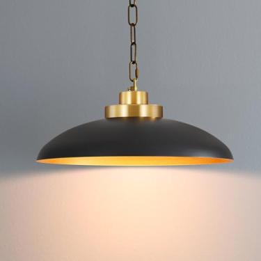 Imagem de POLITAMP Luminária pendente grande preta e dourada de 15,8 polegadas, luminárias pendentes industriais, lâmpada suspensa de teto vintage para cozinha, ilha e sala de jantar