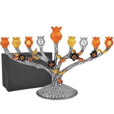 Imagem de Menorá artística de ramo de romã Zion Judaica para Hanukkah prata com castiçal de chanucá de romãs de ouro e prata serve para velas de Hanukkah padrão, caixa de presente incluída