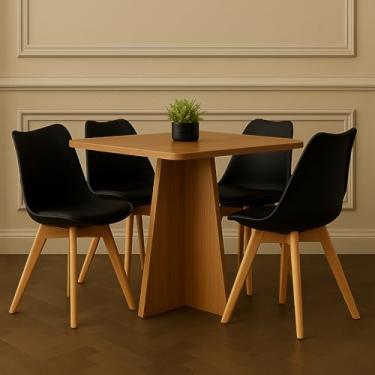 Imagem de Mesa Quadrada de Madeira Maciça 80x80 Freijó + 4 Cadeiras Leda com Almofada - Jantar, Cozinha (Cadeiras Pretas)