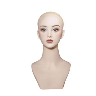 Imagem de FashionCha Cabeça de manequim feminina, parte superior do corpo, suporte de peruca lisa, modelo de exibição de peruca para colar, óculos, maquiagem, uso pessoal, Maquiagem Laranja
