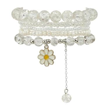 Imagem de Pulseira feminina feita à mão com contas de cristal de margaridas coloridas empilháveis com contas de sementes de flores, pulseiras elásticas, joias boho, presentes de aniversário e férias, middle