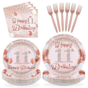 Imagem de Grencian Decorações de aniversário de 11 anos de ouro rosa, pratos e guardanapos descartáveis ouro rosa oficial 11 pré-adolescentes, conjunto de talheres de papel para meninas de 11 anos, serve 24