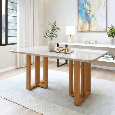 Imagem de Mesa de Jantar 170cm Maxi Tampo 4cm e Vidro 4,4cm Bold Tessera Amêndoa Clean/Off White