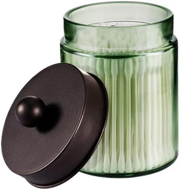 Imagem de Amolliar Pote de vidro boticário verde sálvia com tampa de metal e adesivos, recipiente de armazenamento com suporte Qtip para banheiro, decoração de casa de fazenda para bolas de algodão, cotonetes