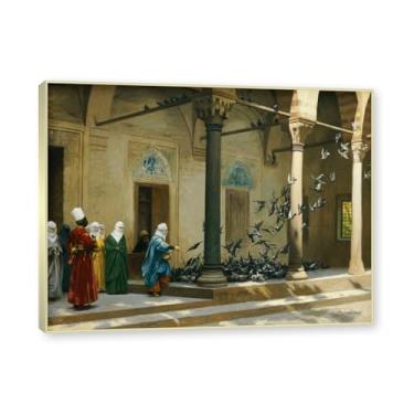 Imagem de Moldura de champanhe. Famosas pinturas a óleo, (pombos que se alimentam) de Jean Leon Gerome, reprodução impressa em tela, arte de cenário para decoração de sala de estar. 40 x 50 cm - 15,8 x 19,7 pol