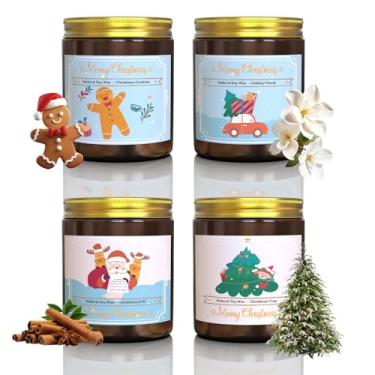 Imagem de Conjunto de presente de vela perfumada de Natal – Pacote com 4 velas de Natal | Árvore de Natal, biscoitos, especiarias e florais | Cera de soja, presente festivo de aromaterapia para casa de ano novo