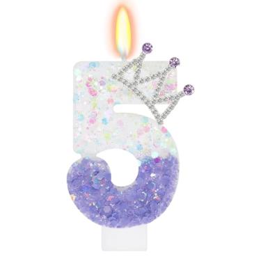 Imagem de ElekFX Vela branca roxa número 5, topo de bolo com coroa de glitter, decorações de festa de aniversário de princesa para meninas e mulheres, lembrancinhas de festa de aniversário