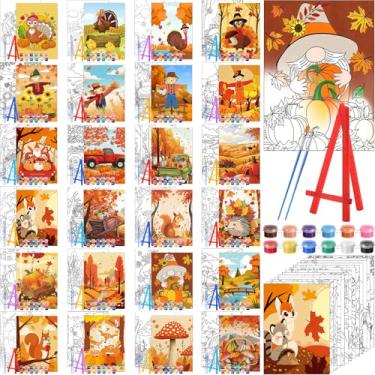 Imagem de Blosssound Pacote com 24 kits de pintura em tela pré-impressa para pintura de outono de Ação de Graças com cavalete, potes de tinta, pincéis, painéis esticados a granel para adultos, festa de