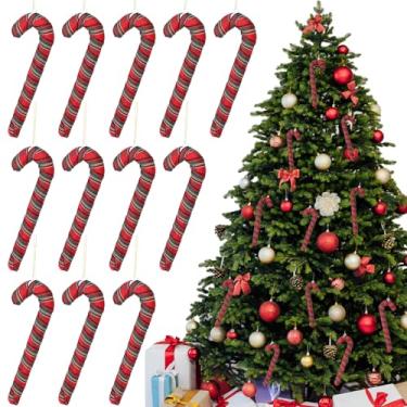 Imagem de Vertintong 12 peças de enfeite de bengala doce de Natal tecido vermelho xadrez bengala doce casa de fazenda decoração de árvore de Natal rústica para decoração de Natal artesanato de festa decoração