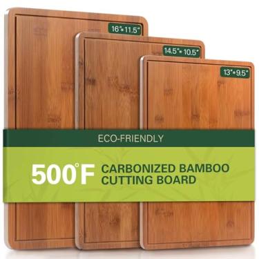 Imagem de ciecie Tábuas de corte de bambu carbonizado para cozinha, XL tábua de corte de madeira durável com ranhuras e alças de suco, conjunto de 3 tábuas de charcutaria sólida para preparação e servir
