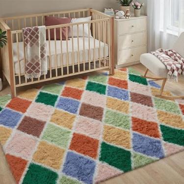 Imagem de PureCozy Tapete quadriculado 10 x 15 cm para sala de estar, colorido, moderno, macio, tapete antiderrapante para quarto, sala de jogos, decoração estética de casa