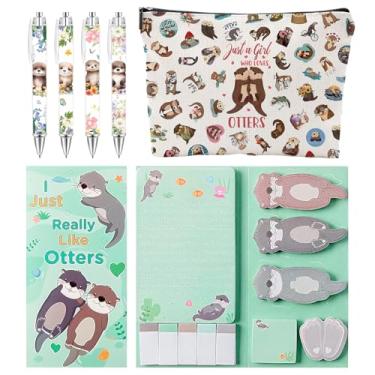 Imagem de Material escolar para meninas, lindo conjunto de artigos de papelaria de lontra com estojo, conjunto de canetas e notas adesivas, presentes de lontra, lembrancinha de festa para meninas, artigos de