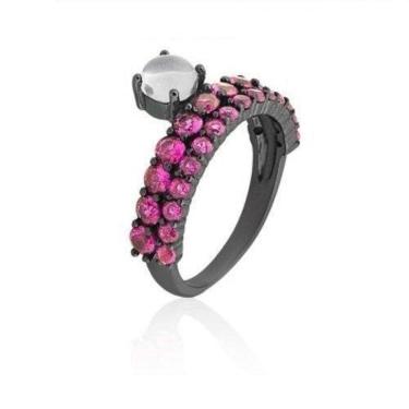 Imagem de Anel Cravejado Com Zircônias Rosa Folheado A Ródio Negro 18