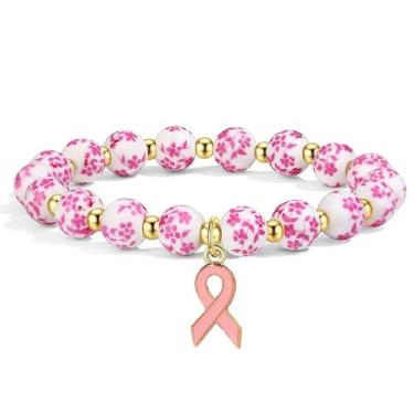 Imagem de ZXYMHL Pulseiras de conscientização do câncer de mama pulseira de contas de fita rosa para incentivar o câncer de mama joias, Medium, liga metálica, Sem Pedra Preciosa
