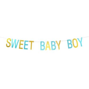 Imagem de Sweet Baby Boy Faixa dourada e azul com glitter, perfeita para chá de bebê, decoração de festa de primeiro aniversário, pano de fundo, sinal de presente