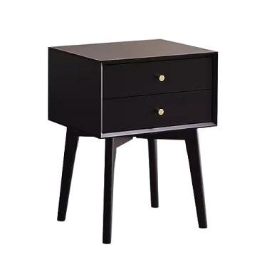 Imagem de Mesa de cabeceira de madeira maciça quarto pequena minimalista moderna mesa de cabeceira armazenamento armário estreito gaveta dupla cor sólida móveis de cabeceira mesa de cabeceira (cor: preto)