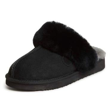 Imagem de Dearfoams Fireside Pantufa feminina resistente à água Sydney Shearling Scuff, Preto, 9 Wide