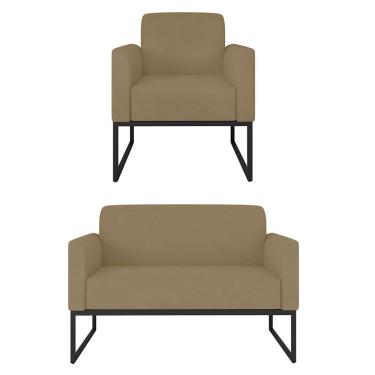 Imagem de Kit Namoradeira e 1 Poltrona Decorativa Base Industrial Preta Maressa S12 Suede Marrom Rato - Ibiza