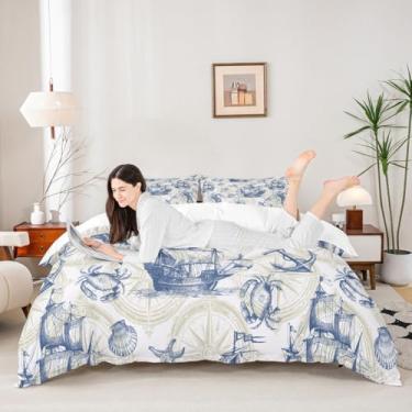 Imagem de Conjunto de capa de edredom náutico marítimo, tamanho solteiro, bússola de veleiro costeiro, 2 peças, capa de edredom de polvo estrela-do-mar para decoração de quarto de crianças adolescentes adultos