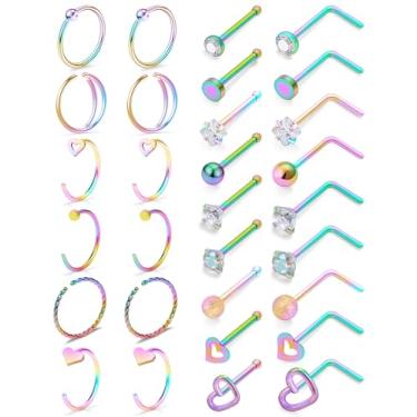 Imagem de Oicctyzio Piercing de nariz de 20 g, piercing de argola hipoalergênico, multicolorido, aço cirúrgico para mulheres e homens, Metal, Zircônia cúbica