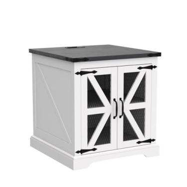 Imagem de Mesa lateral grande de 24" com estação de carregamento, porta de celeiro de malha e prateleira de armazenamento ajustável, mesa de cabeceira quadrada de madeira rústica para sala de estar, dormito