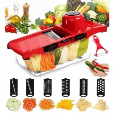 Imagem de Cortador de Legumes 6 em 1 – Fatiador, Ralador e Mandoline de Cozinha Multifuncional com Lâminas Ajustáveis para Saladas, Vegetais e Frutas.