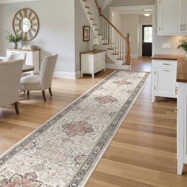 Imagem de Tapete de área para sala de estar – Tapete floral vintage oriental grande macio lavável para bebês e animais de estimação – Tapetes antiderrapantes resistentes a manchas ao desbotamento para quarto