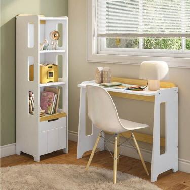 Imagem de Escrivaninha e Estante 3 Nichos com Porta Petit Casatema MadeiraOriginals Branco/Mel