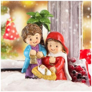 Imagem de Estatuetas da Sagrada Família com Árvore – Conjunto de Presépio para o Natal Interior, Escultura de Resina Católica Bebê Jesus com Manjedoura para Sala de Estar, Decoração de Prateleira de Natal
